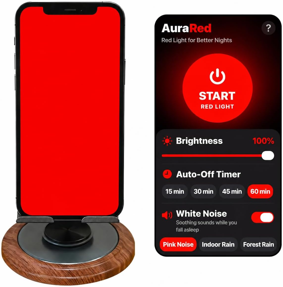 RLS01 adjustable bedside phone stand holding a smartphone showing a red screen
