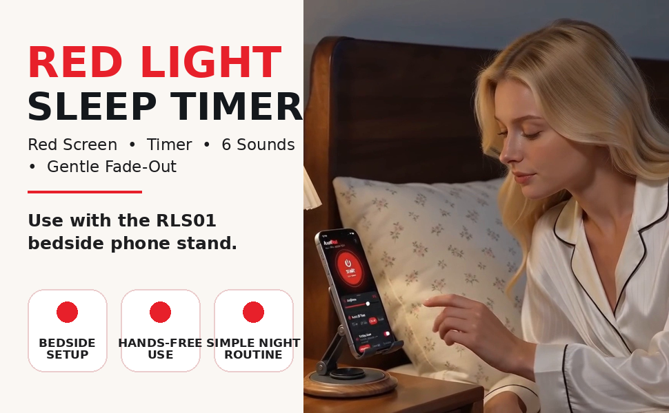 RLS01 phone stand on a bedside table supporting a phone displaying the optional red-screen iOS app