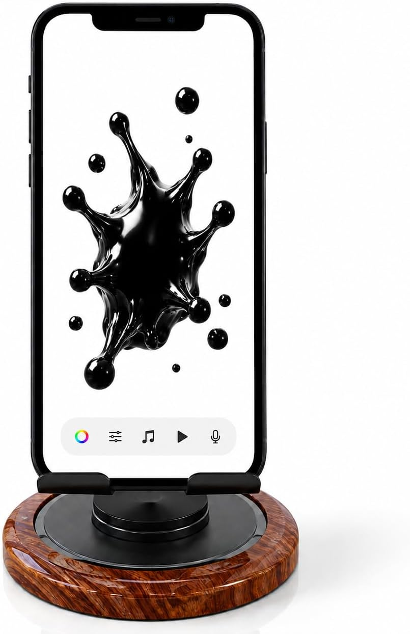 MV01 desktop stand holding a phone showing a colorful digital visualizer