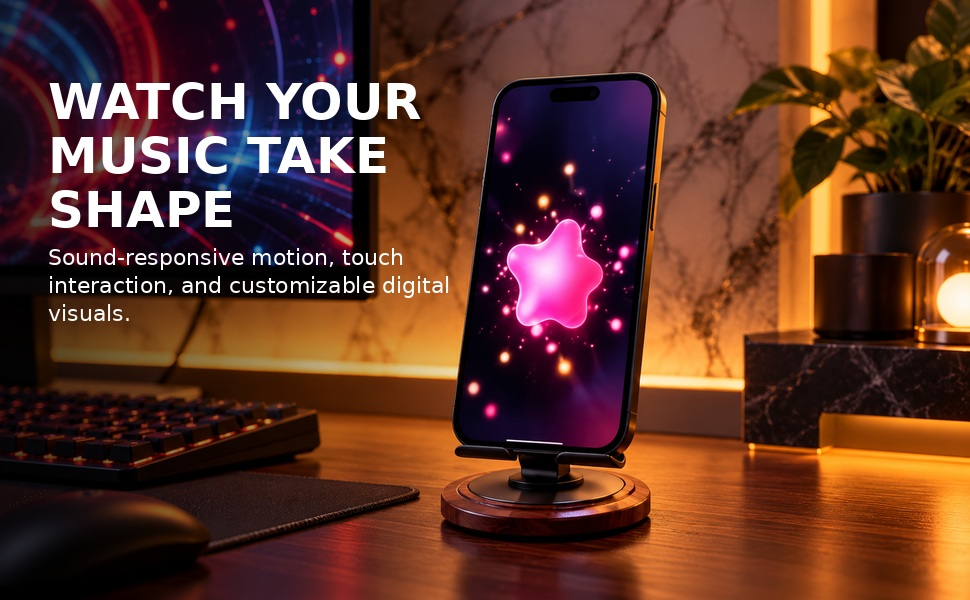 MV01 desktop phone stand showing an interactive colorful sound-reactive digital visualizer